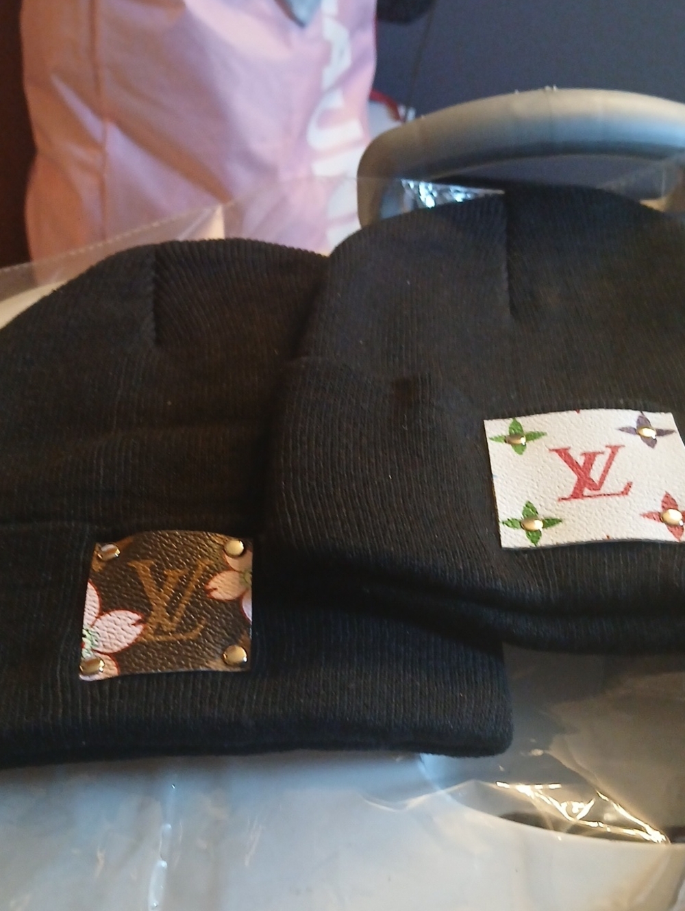 Black Beanie Hat with   - Luxury Style HAND MADE Unisex 2 Fer